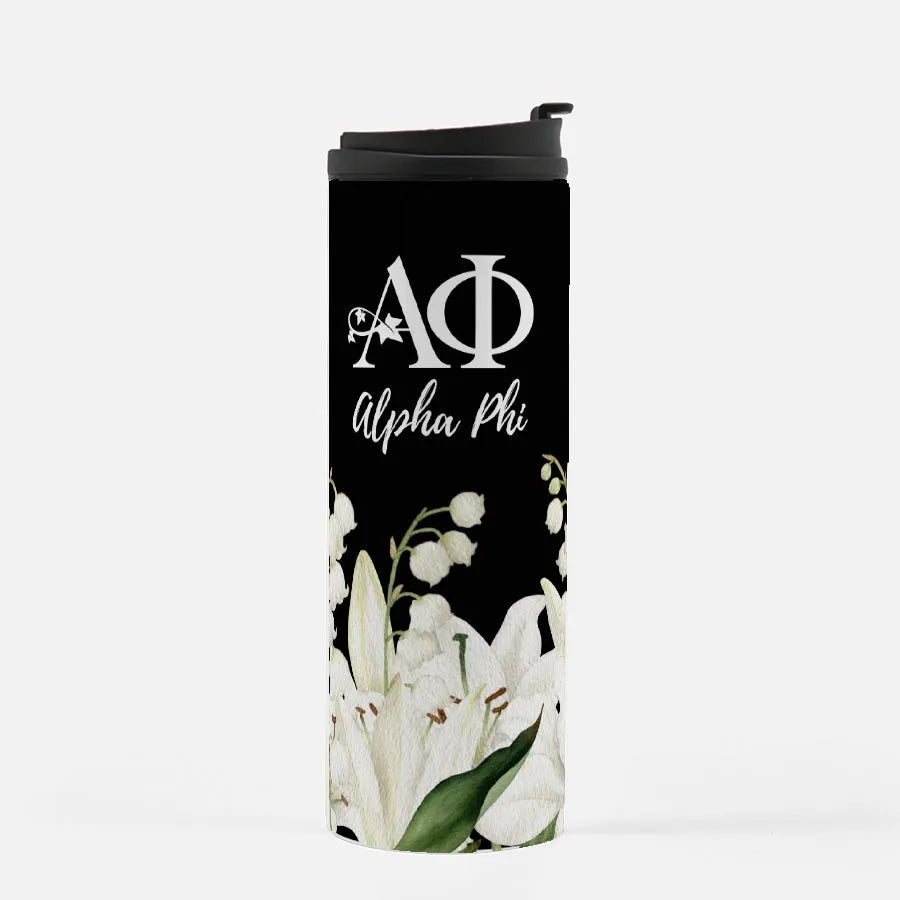 Alpha Phi Black Thermal Tumbler - Lillies 16 oz. | Travel Mug | APhi Gifts