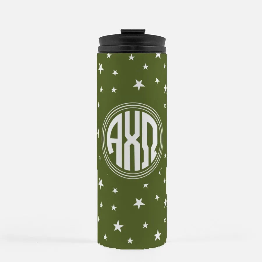 Alpha Chi Omega Thermal Tumbler - Monogram Stars Olive 16 oz. | Gifts and Merchandise