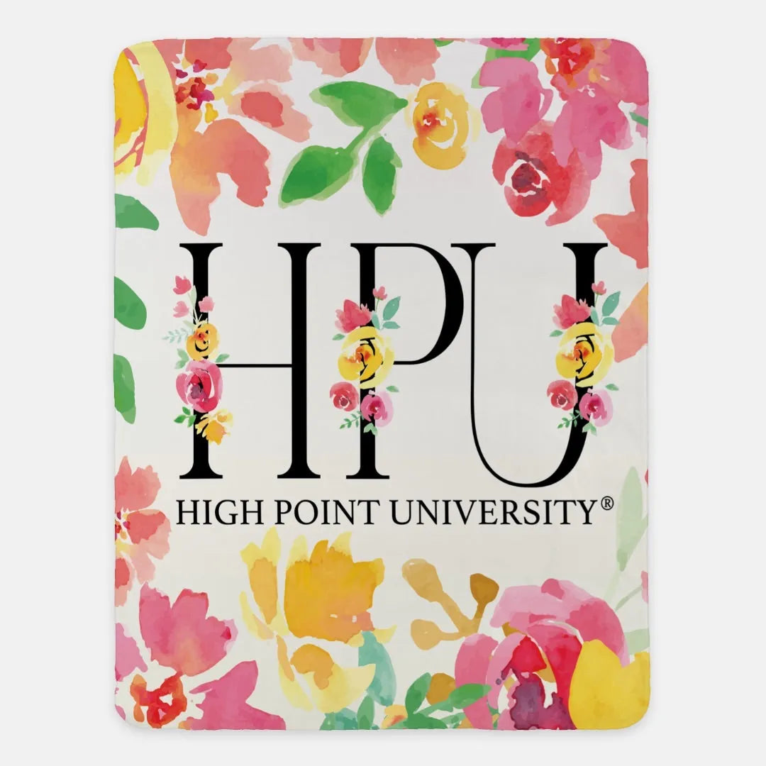 High Point University Blanket Sherpa HPU Pink Floral Monogram  60"x80" | Gifts and Merchandise | Festive Fit Home