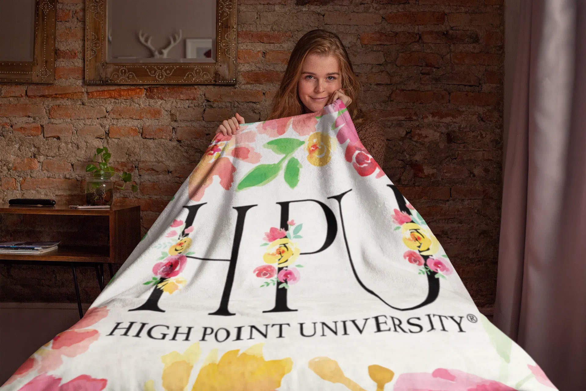 High Point University Blanket Sherpa HPU Pink Floral Monogram  60"x80" | Gifts and Merchandise | Festive Fit Home